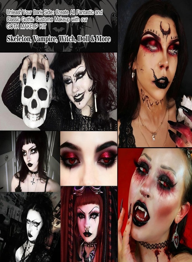 بيوسيلف مجموعة مكياج قوطي - مجموعة مكياج قوطي كاملة لشخصيات مصاصي الدماء، والساحرات، والمهرجين، والإيمو، والجرونج، والمسرح، ومؤثرات الهالوين الخاصة، تتضمن كريم أساس أبيض، ولوحة ظلال عيون حمراء، وأحمر شفاه أسود، ورموش، وكحل عيون، وطلاء أظافر. - Image 2